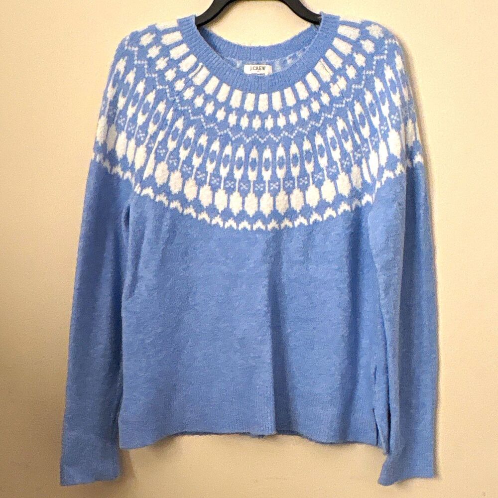 J.CREW Blue White Fair Isle Crewneck Knit Pullover Sweater Women Med wool blend